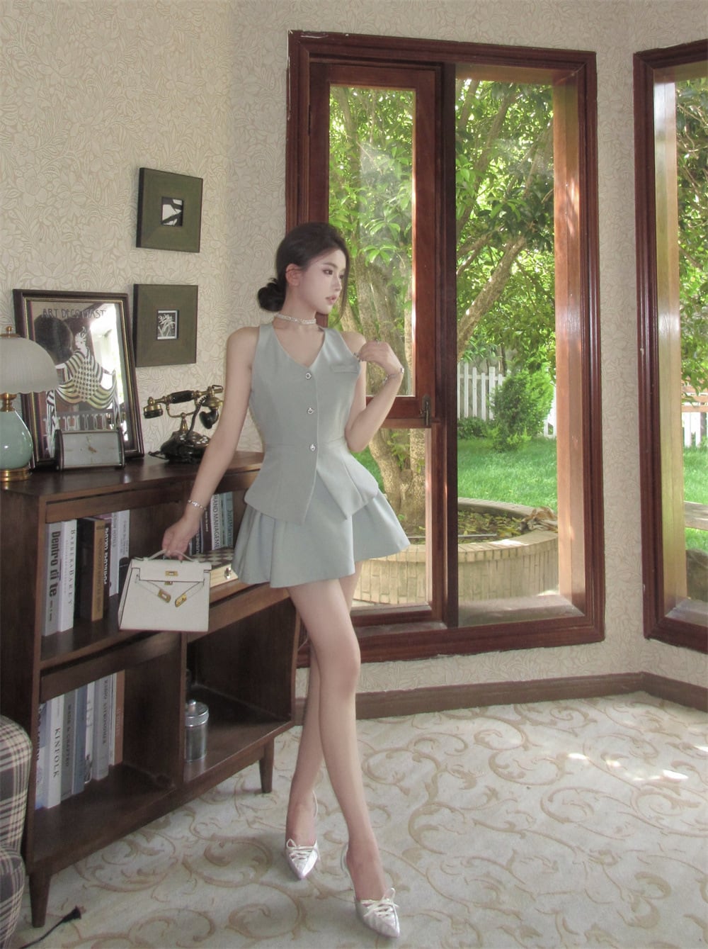 【set】Vネックリボンスーツチョッキ+スカート２点セットG21405