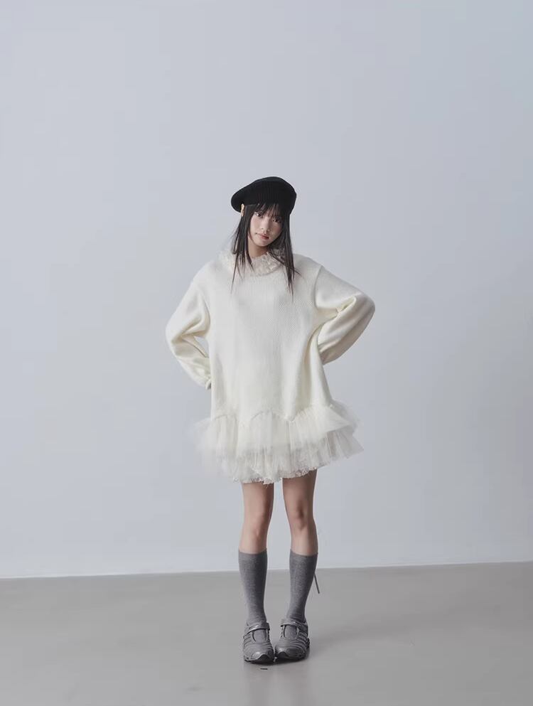 【dress】チュールドッキングフリルネックニットワンピース Q7965