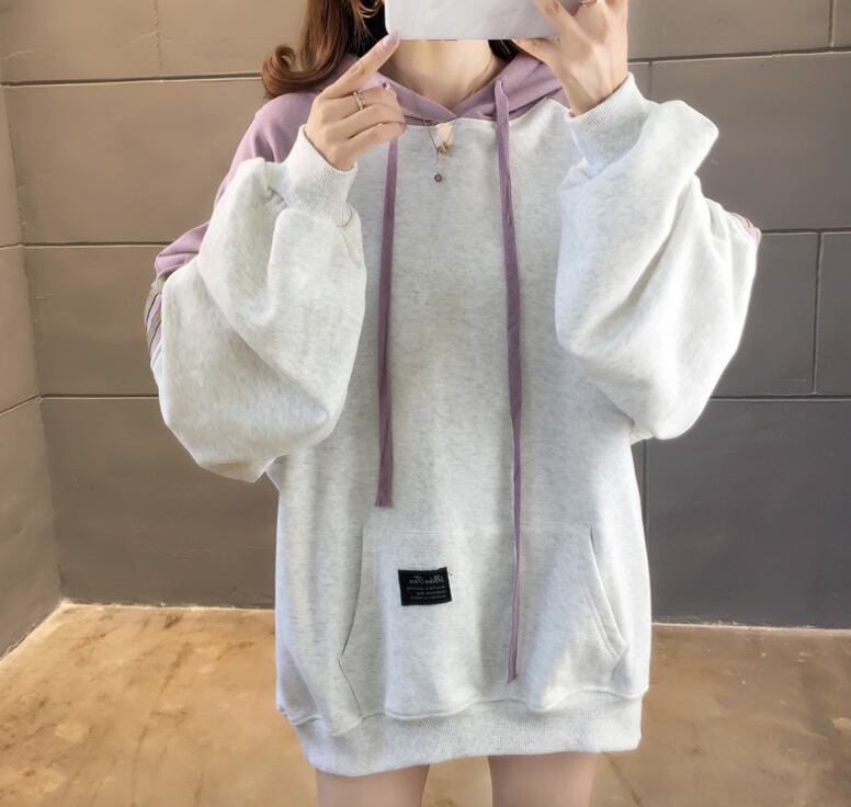 【tops】韓国ファッション長袖フード付き配色ゆったりカジュアルパーカーW0368