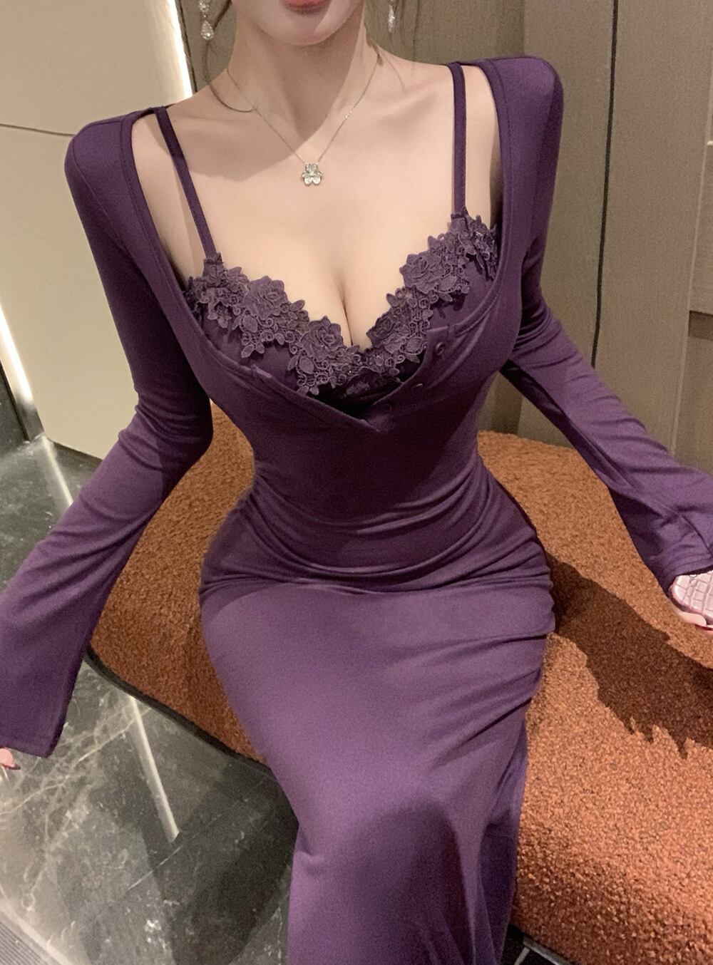 【dress】レースフェイクレイヤードワンピース Q7514