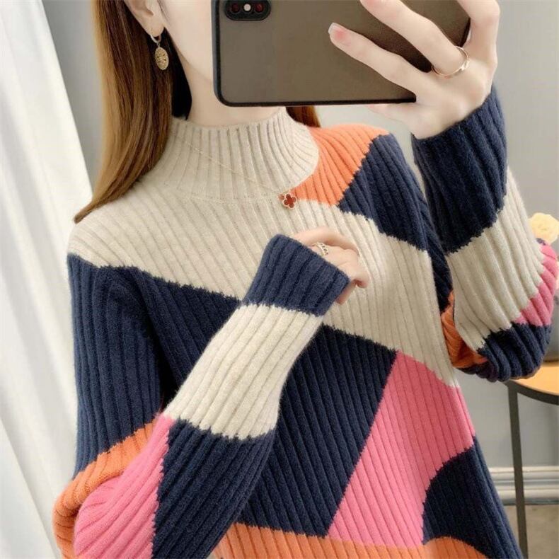 【tops】配色ニットセーター　M18706