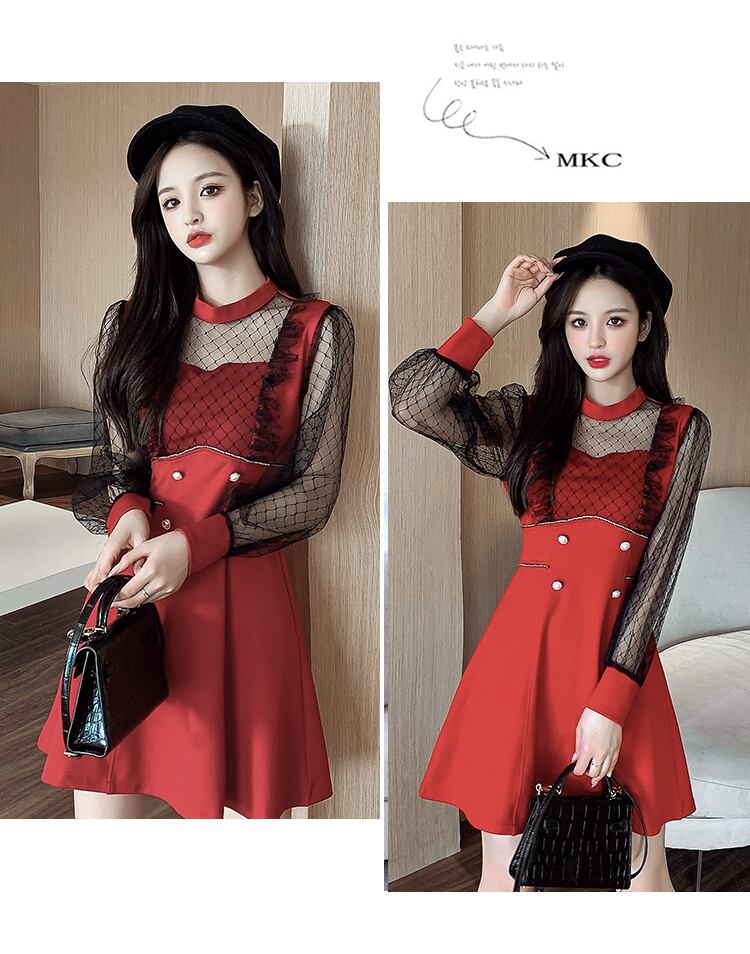 【dress】エレガント!気質満点レトロ切り替え長袖体型カバー着痩せ春フランス風ワンピース G5325