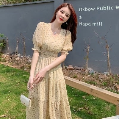 【dress】ファッションend清新！ウィートシフォン森ガール着痩せ花柄ワンピース