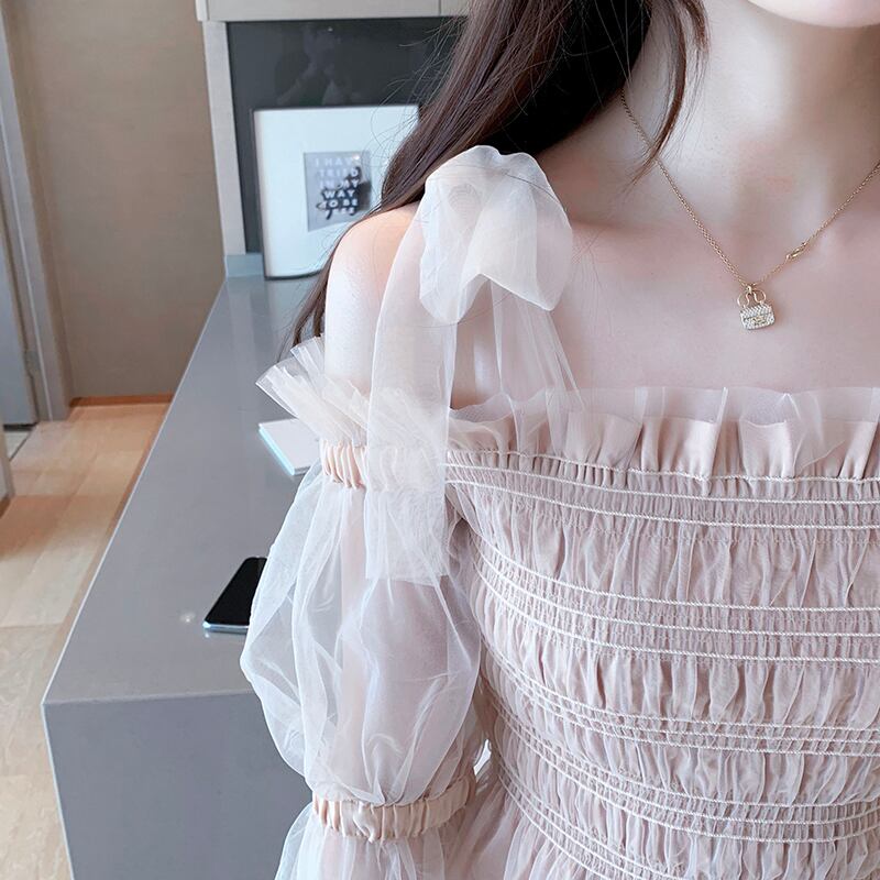 【tops】女性力を高める〜オフネック長袖体型カバーメッシュフ無地着回しブラウスF0570