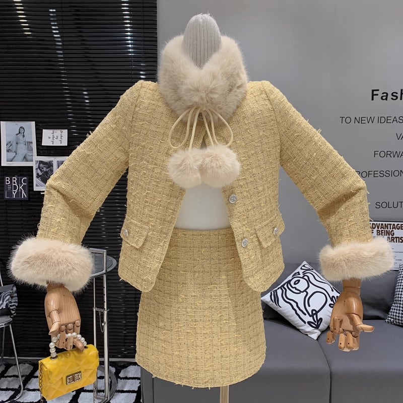 【set】ファー付きツイードジャケット×ミニスカートセット Q7462