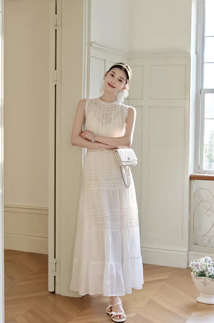 【dress】レースドッキングロングワンピース Q8386