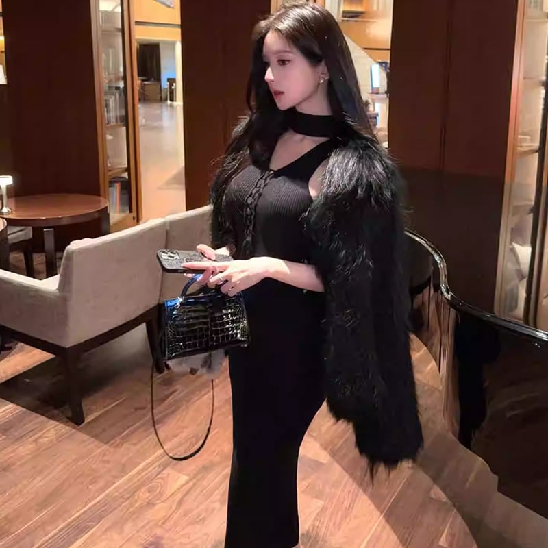 【dress】ストラップデザインロングニットキャミワンピース Q7803