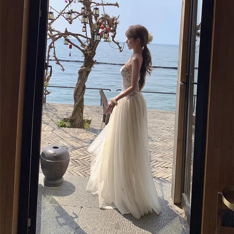 【dress】チュールドッキング花柄キャミワンピース Q8398