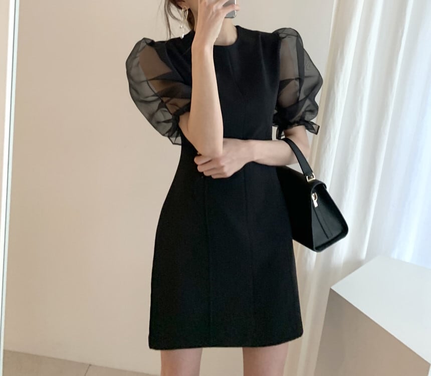 【dress】チュールスリーブ切り替えワンピース　M23986