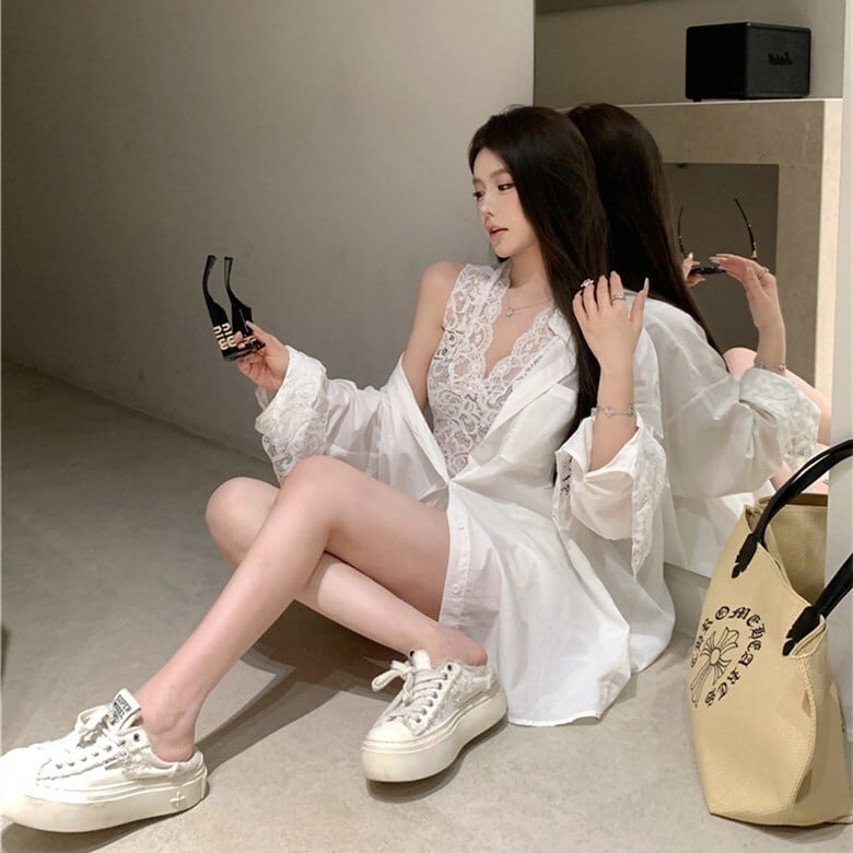 【set】UVカットシャツ×レースノースリーブトップスセット　N2685