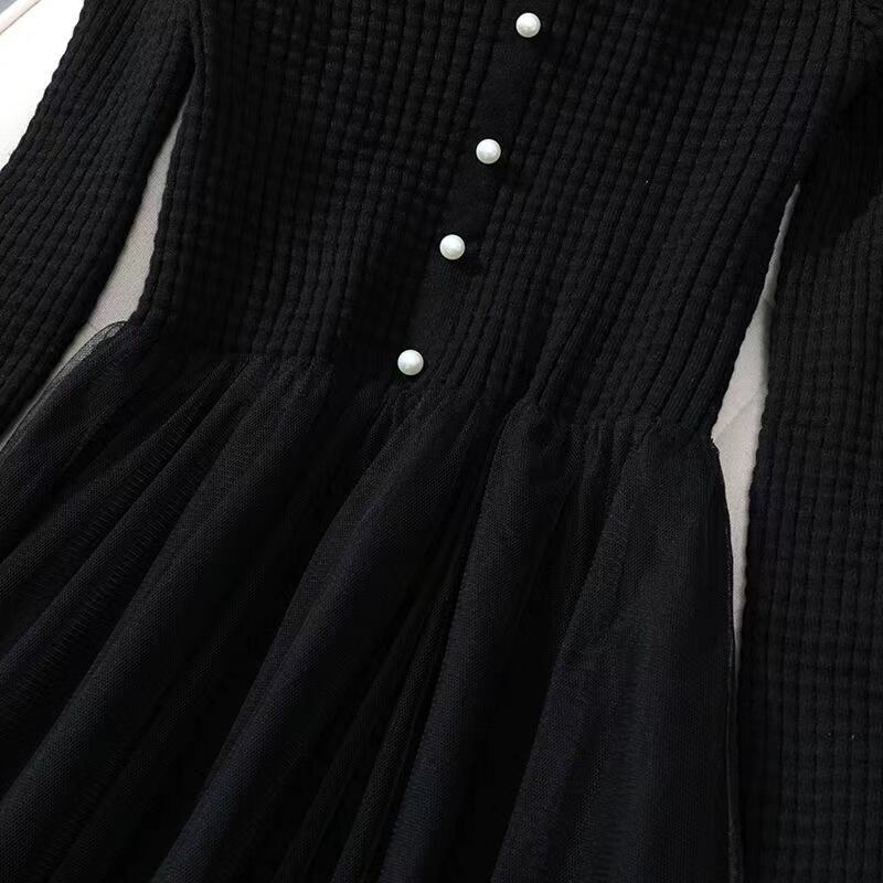 【dress】高級感溢れるVネック長袖レースメッシュ切り替えファッション無地おしゃれワンピースF1326