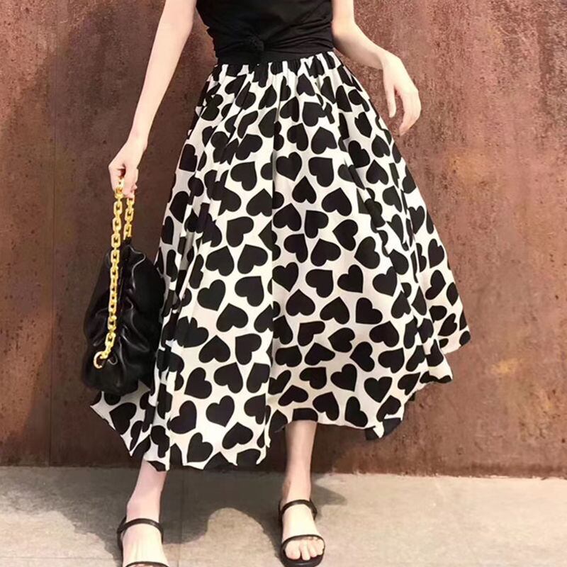 【bottoms】ハート柄Aライン花柄レディースファッションOL通勤ミッドウエストスカート