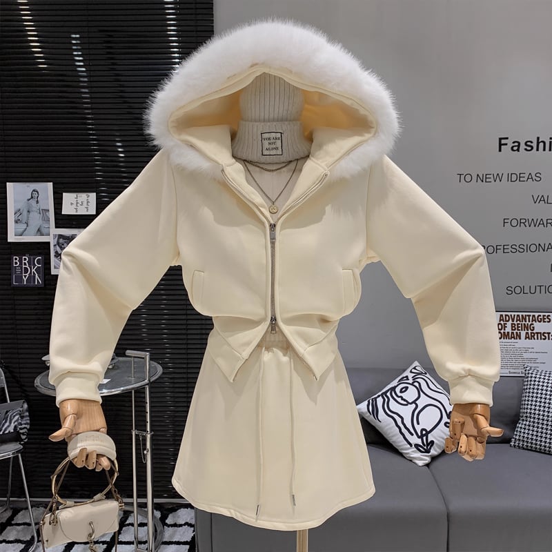 【set】ファー付きジップアップパーカー×ミニスカートセット Q7385