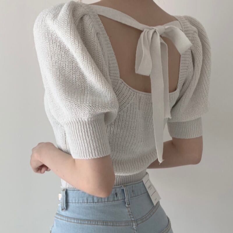 【tops】大人可愛いパフスリーブ無地ショート丈ボウタイニットF0022