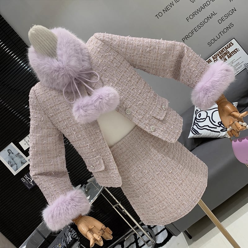 【set】ファー付きツイードジャケット×ミニスカートセット Q7462