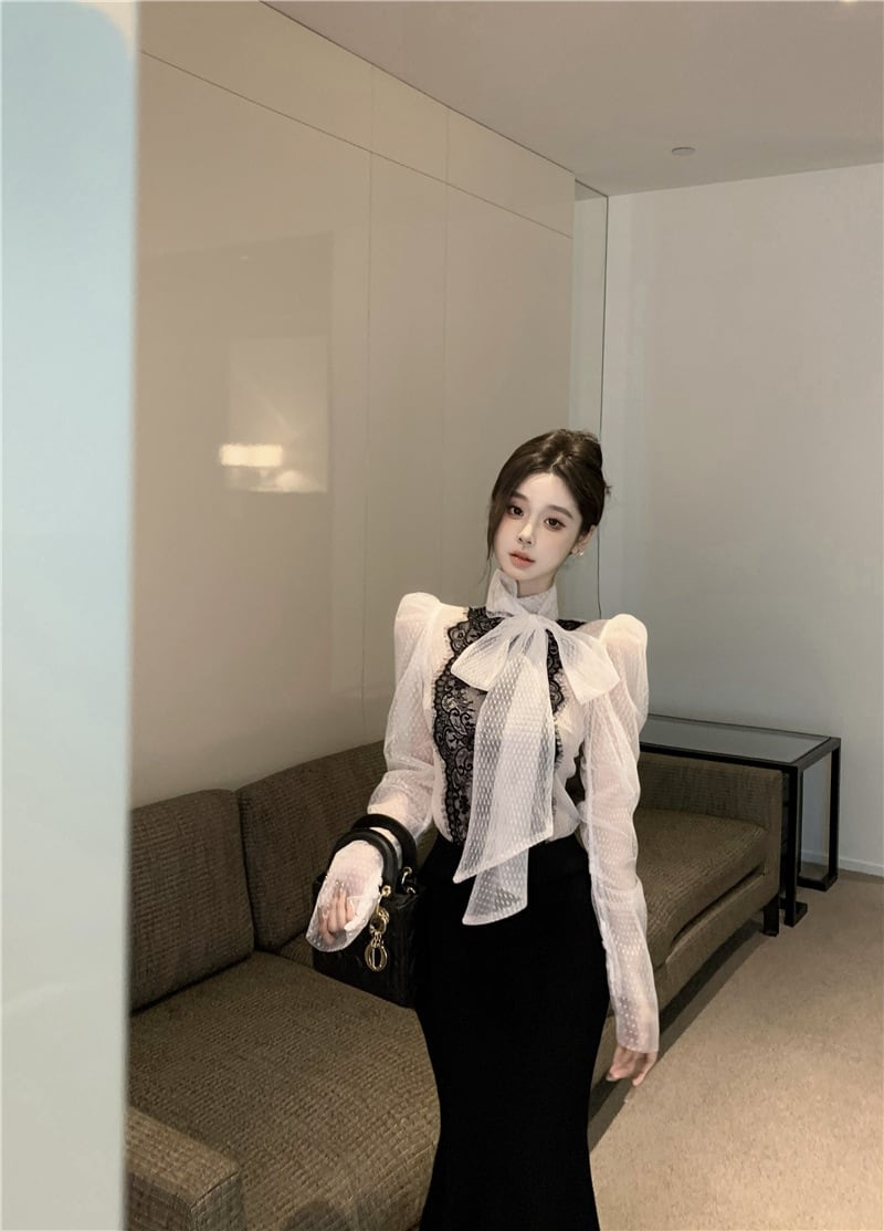 【tops】レース切り替リボン付きシャツトップス　M27164