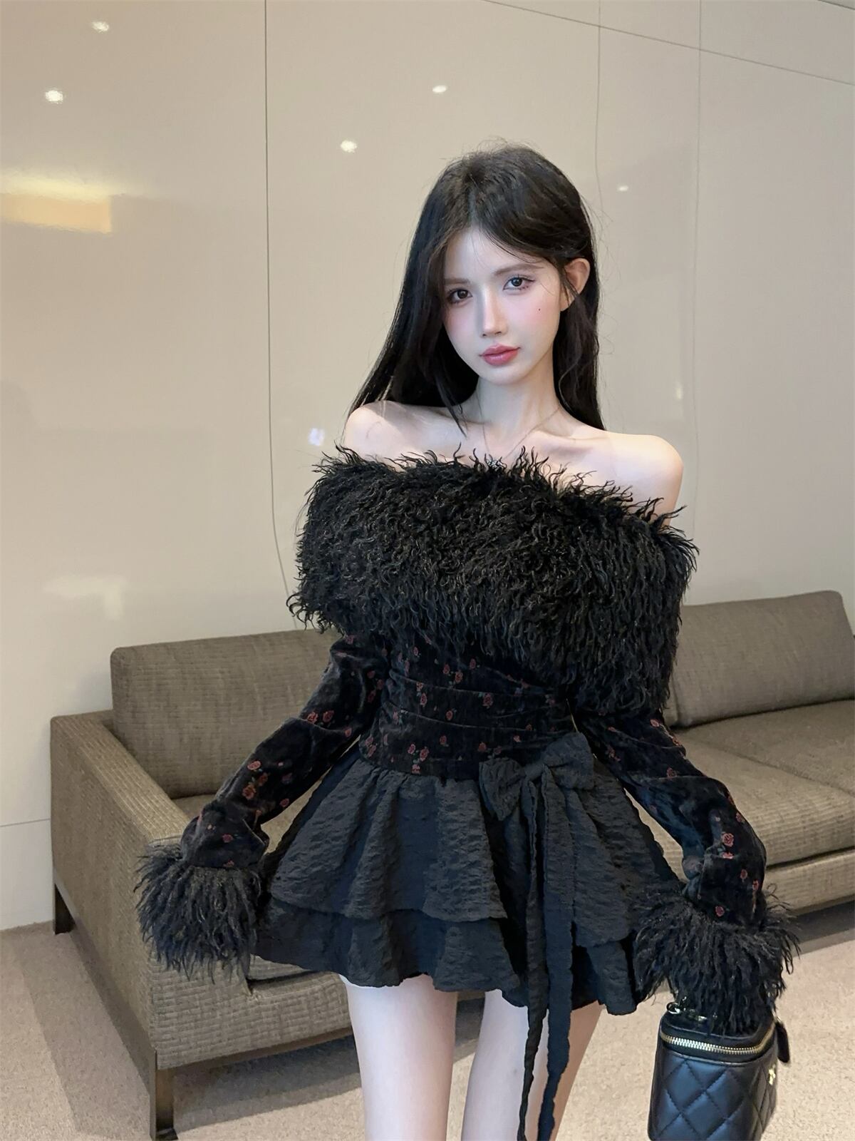 【set】ファードッキング花柄オフショルダー裹起毛トップス×リボン付きスカートセット　M28464