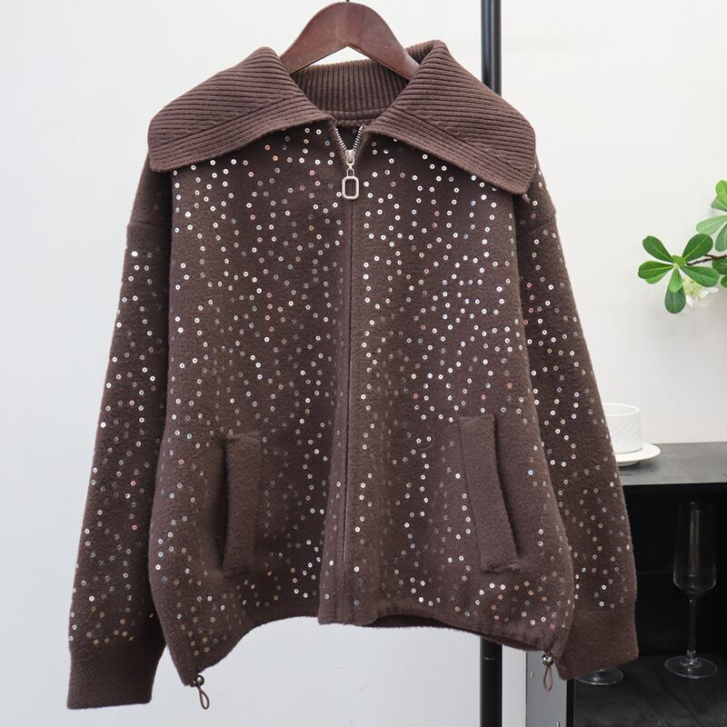【outer】スパンコール付きニットカーディガン Q7438