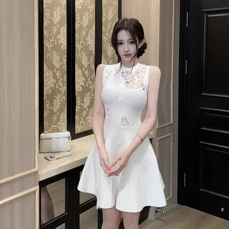 【dress】ノースリーブカットワークフレアワンピース Q7846