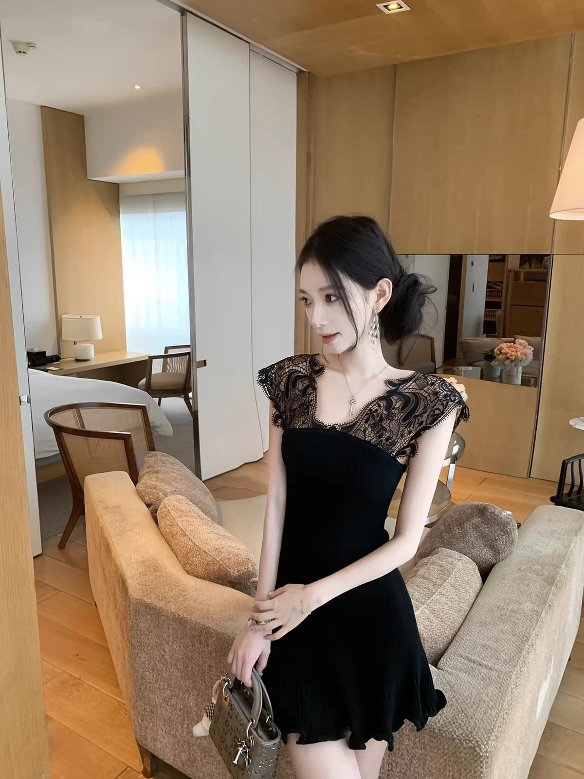 【dress】ノースリーブレースドッキングミニワンピース Q8469