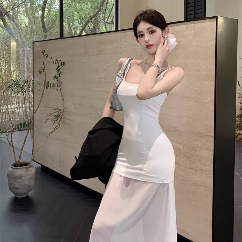 【dress】チュールドッキングロングキャミワンピース Q8154