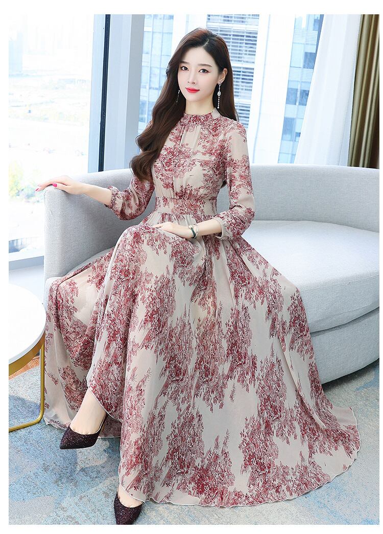 【dress】今季トレンド7分袖ウェスト絞りギャザー海旅行花柄配色大振り子シフォンロング丈ワンピースF1732