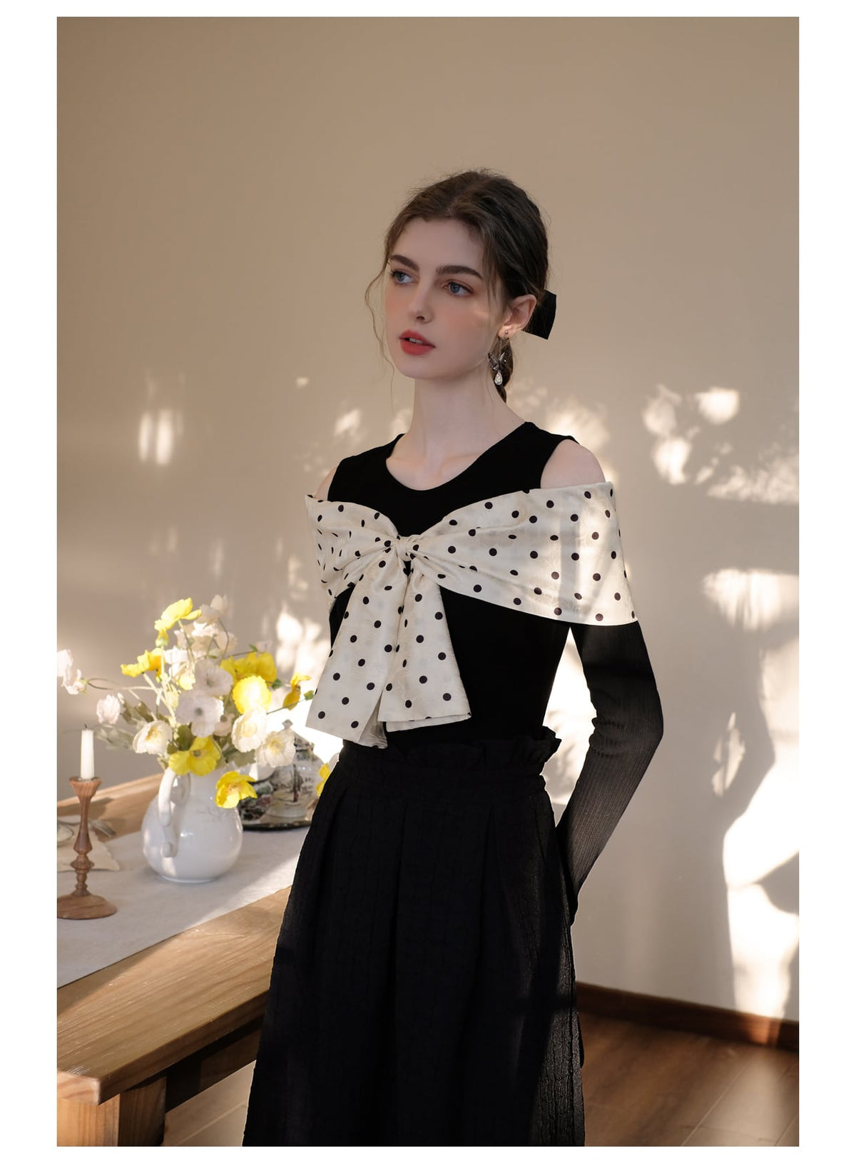 【tops】オフショルダーリボンニットトップス　N2796