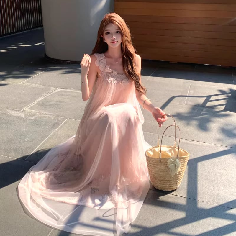 【dress】レースドッキングワンショルダーロングワンピース Q8444