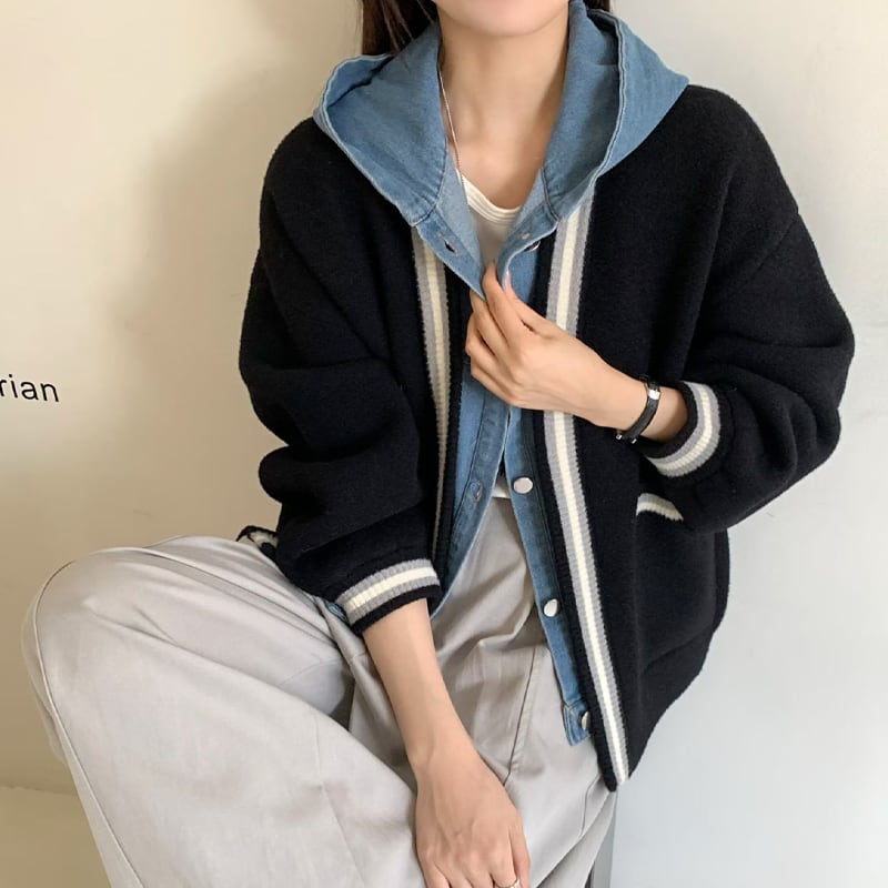 【outer】フェイクレイヤードニットカーディガン Q7204