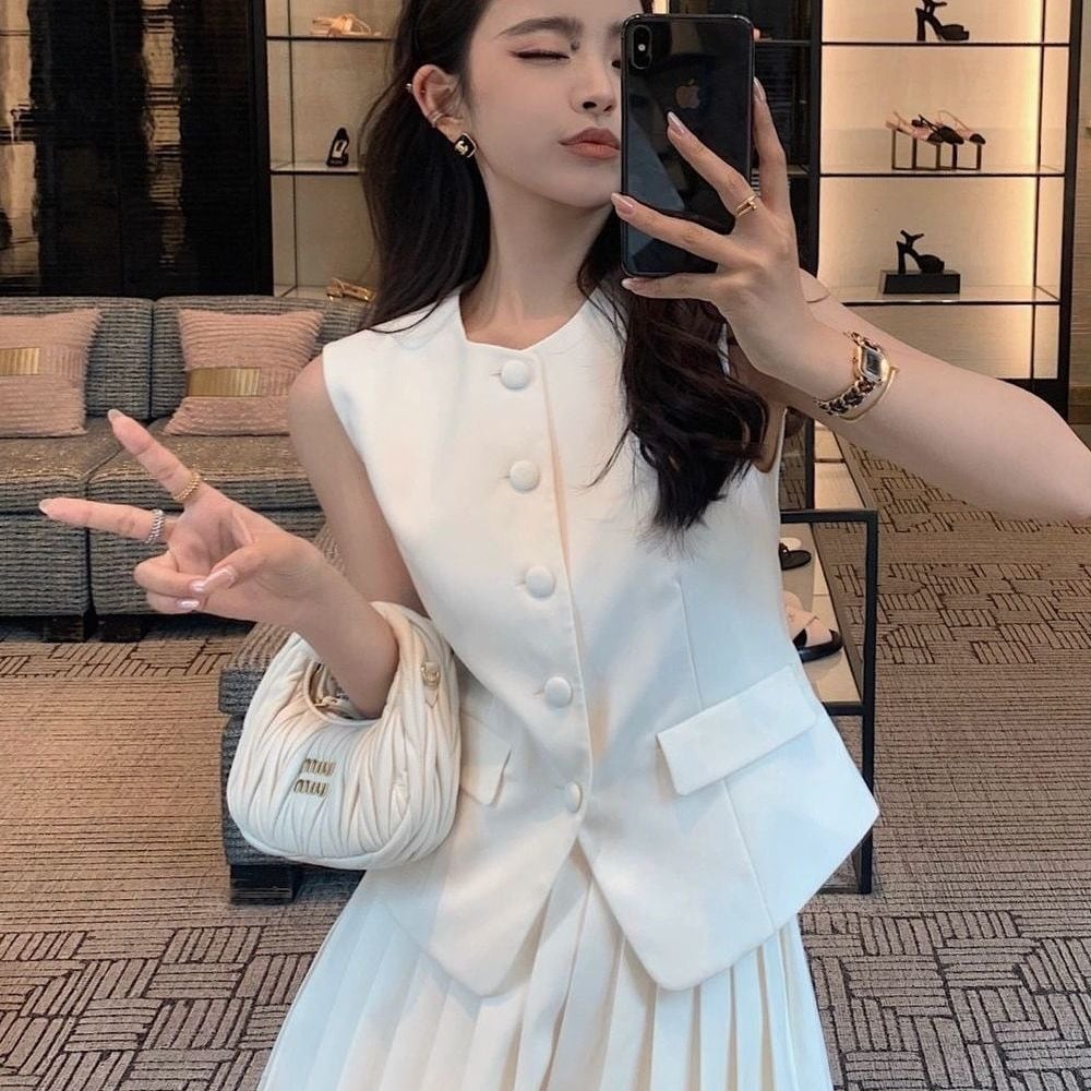 【set】ノースリーブトップス+プリーツスカート2点セットF7375