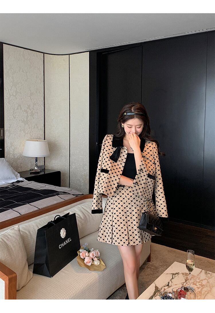 【set】気質満点チェック柄リボンアウター+スカートオシャレ２点セット G3106