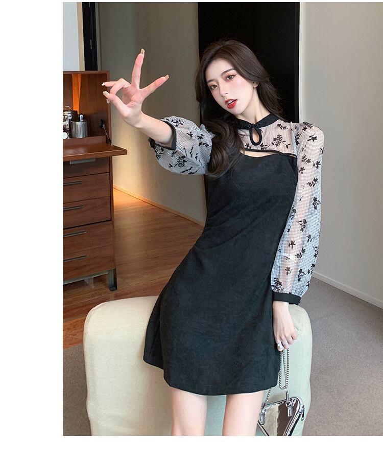 【dress】韓流スタイル!気質満点秋冬スタンドネックデザイン切り替えワンピース G2066