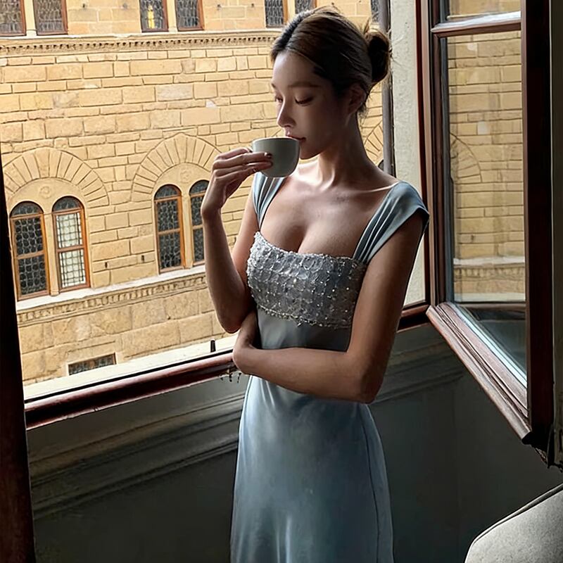 【dress】ラインストーン付きロングキャミワンピース Q8391