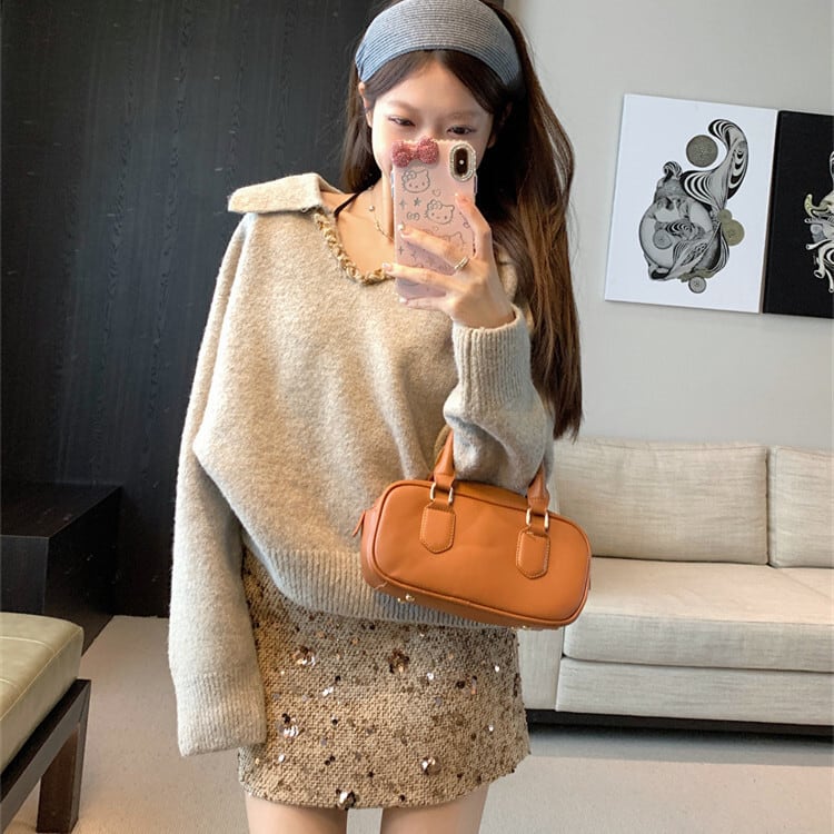 【set】Ⅴネックニットトップス×スパンコールスカートセット　M28146