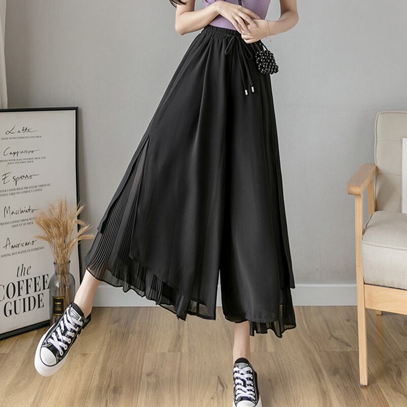 【bottoms】絶対欲しいシンプルカジュアル無地合わせやすいハイウエスト九分丈ガウチョパンツF0017