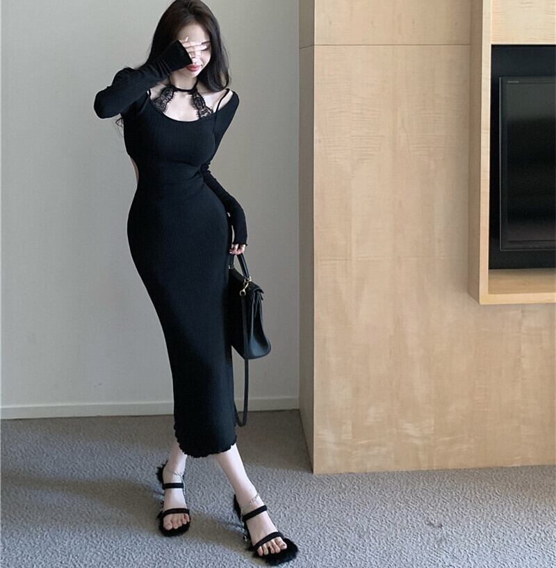 【dress】レースドッキングニットワンピース　M27875