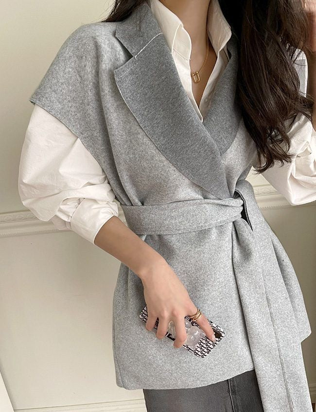 【tops】大きいラペルウエストリボンチョッキF8464