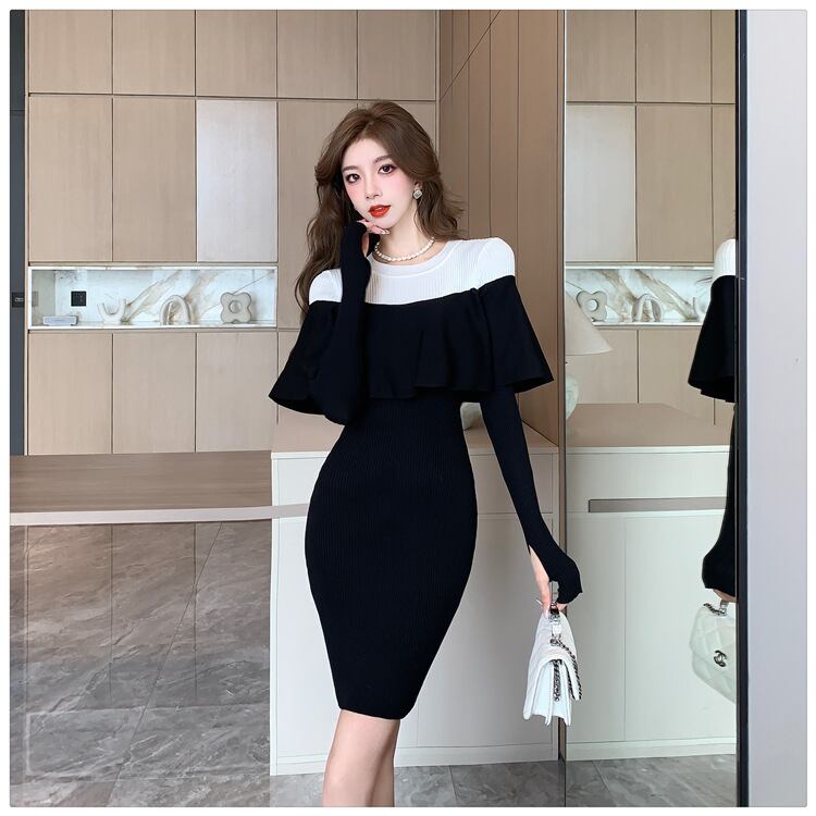 【dress】フリルドッキングニットワンピース　M18575