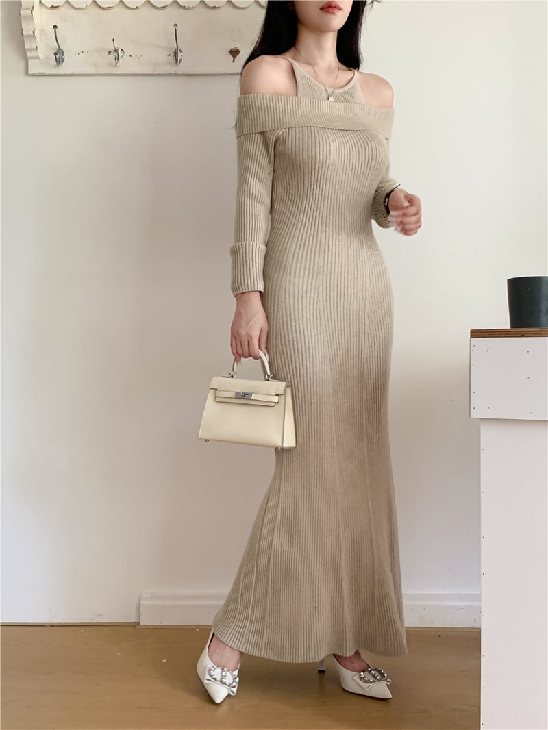 【dress】オフショルダーマーメイドニットワンピース　N2767