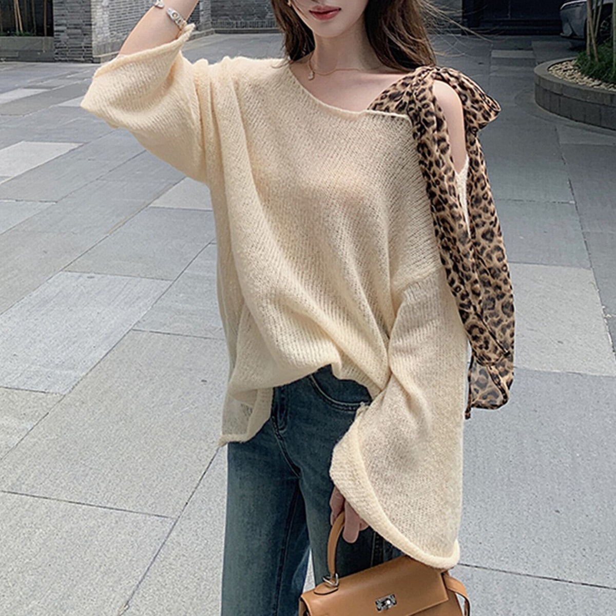 【tops】ヒョウ柄ショルダーリボンニットトップス　N3333