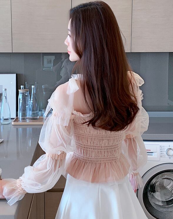 【tops】女性力を高める〜オフネック長袖体型カバーメッシュフ無地着回しブラウスF0570