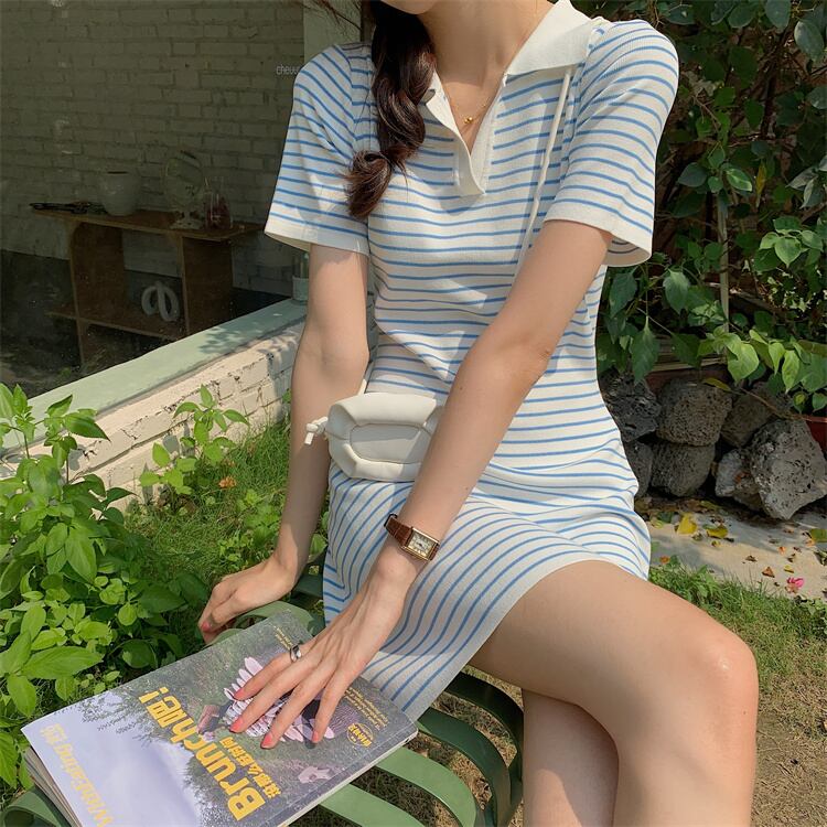 【dress】韓国風スウィートVネック着痩せストライプ柄ニットワンピース G0210