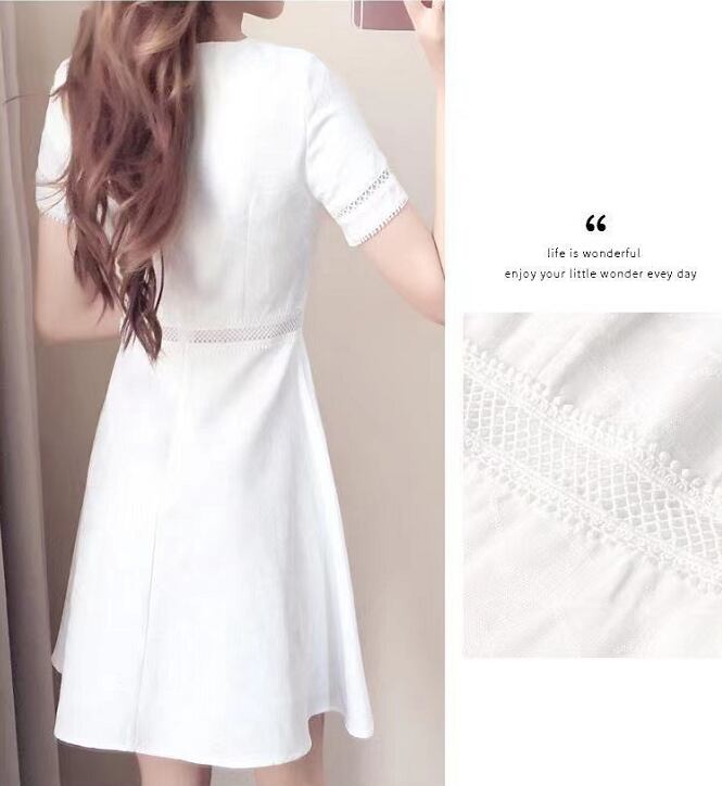 【dress】見逃し厳禁ラウンドネック半袖無地透かし彫り披露宴二次会AラインワンピースF2113