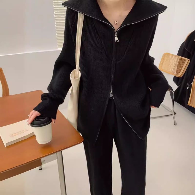 【set】Wジップニットカーデ×ワイドパンツセット　M25833