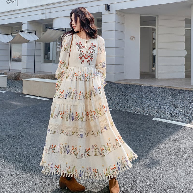 【dress】フリンジ付き花柄ロングワンピース Q8225