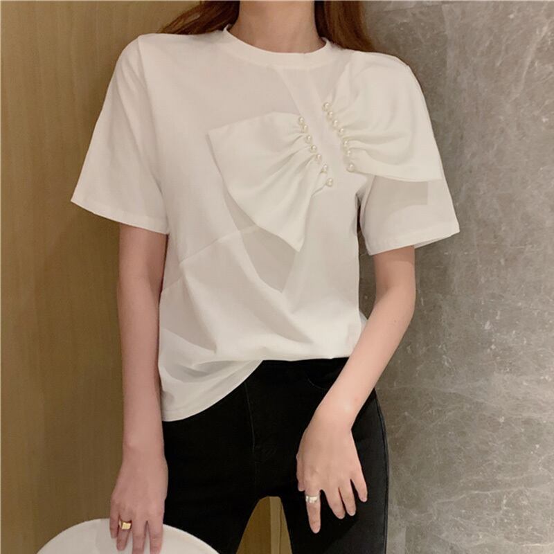 【tops】女性力を高める〜ラウンドネック半袖蝶々結び無地ゆったり着回しTシャツ