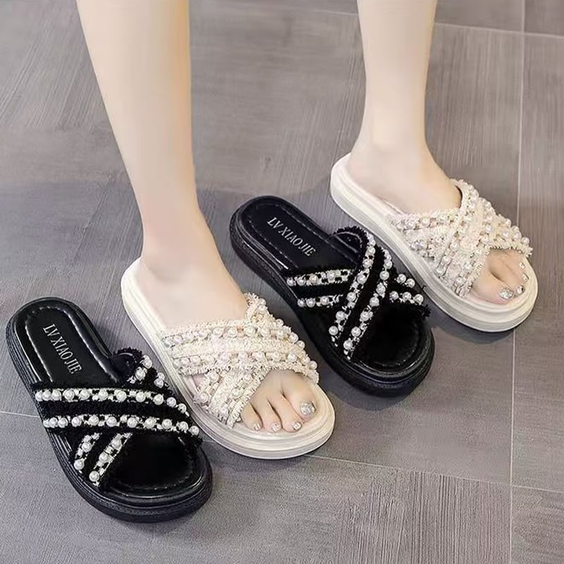 【Shoes】パール付きサンダル Q8427