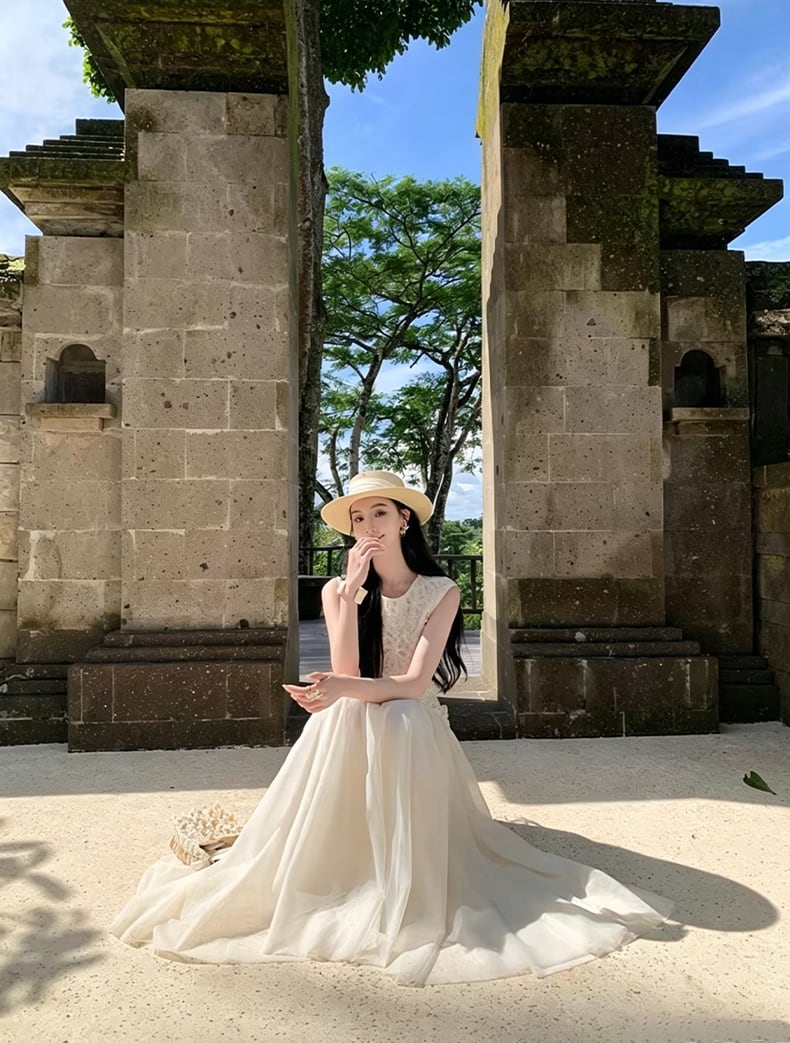 【dress】ノースリーブレースドッキングロングワンピース Q8466