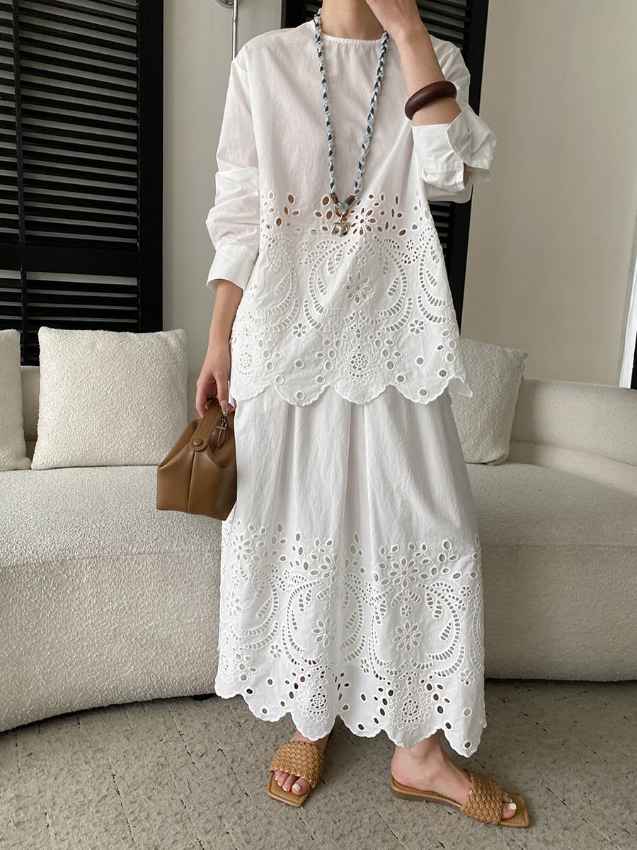 【set】アイレットレーストップス×ロングスカートセット Q8399