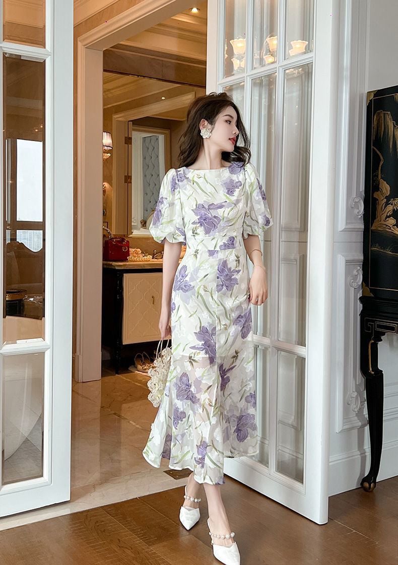 【dress】オシャレ度満点〜OL通勤夏新作ラウンドネック半袖パフ袖花柄配色ワンピースF5441